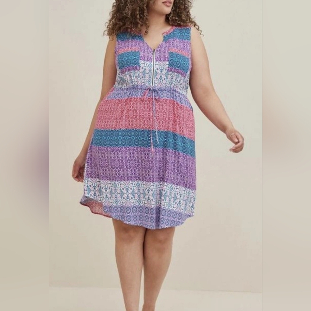TORRID Textured Dress Pink and Blue Tie Front Tunic with V-Neckline